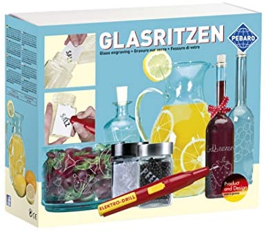 Pebaro 0357 Bastelset Glasritzen, batteriebetriebener Gravierstift, 3 Schleifstifte, 2 Gläser, inkl. Figurenvorlagen und Buchtabenvorlagen, Gravieren, Verzieren von Glas, Spiegel