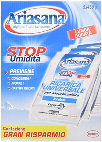 Ariasana Ricarica in Sali Assorbiumidità Fragranza Inodore Formato Convenienza di 5 Buste da 450 Grammi Assorbono Efficacemente l'Eccesso di Umidità