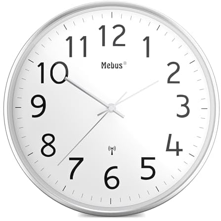 Mebus Modern Radio-Controlled Wall Clock with Metal housing, Aluminium Plastic, Silver, White, 30 cm Diameter