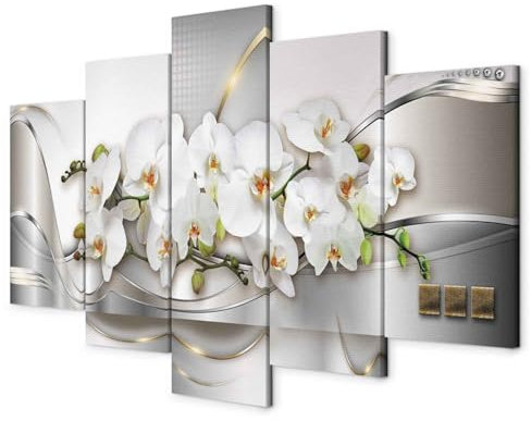 B&D XXL - Wandbilder XXL Blumen Orchidee 100x50cm 5 tlg - Wand Deko Leinwand Bilder Groß Wanddeko Wohnzimmer Schlafzimmer Kunstdrucke - Abstrakt Natur grau a-A-0004-b-n