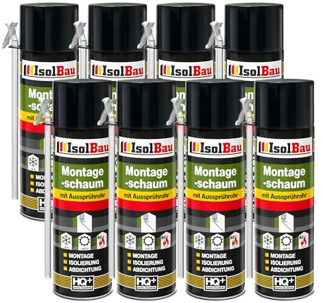 Isolbau B2 Montageschaum mit Aussprührohr - 8 x 500 ml PU-Bauschaum für Montage, Isolierung, Abdichtung, Innen & außen