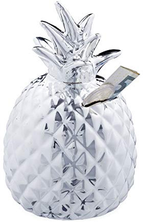 4 x Spardose Ananas, Dekofigur, Sparschwein mit Schloss, 2 Schlüssel, Keramik Sparbüchse, H x D 16 x 9 cm, Silber