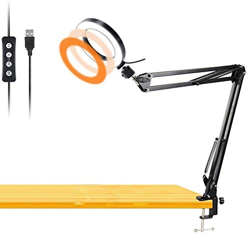 Werkbank Licht, Schreibtisch Ringlicht mit drehbarem Klemmarm, 20cm-USB-Ringlicht Halterung zum Lesen, Basteln, Schminken, YouTube, Live-Streaming, Lernen, Zeichnen