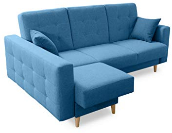 Robin Hilton Ecksofa mit Schlaffunktion Bettkasten 2 Kissen Sofa L-Form Schlafsofa Freistehende Eckcouch Schlafcouch Wohnzimmermöbel Wohnlandschaft Blau