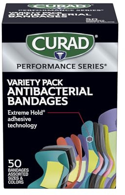 CURAD Performance Series IRONMAN Antibacterial Bandages, Extreme Hold Adhesive Technology, Finger & Knuckle Bandages, Flexible Fabric, Variety Pack with Assorted Sizes & Colors, 50 Count, Case of 24