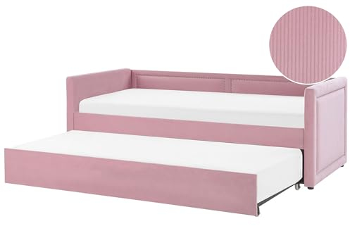 Lit Gigogne avec Tiroir Glamour 90 x 200 cm en Velours Côtelé Rose Mimizan