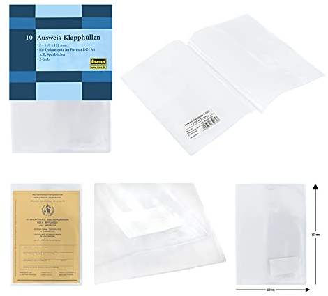 Idena 90051 - Ausweis-Klapphülle, 2 x 110 x 157 mm, passend für alle gängigen Impfausweis-Formate und Reisepass-Formate, transparent, 10 Hüllen