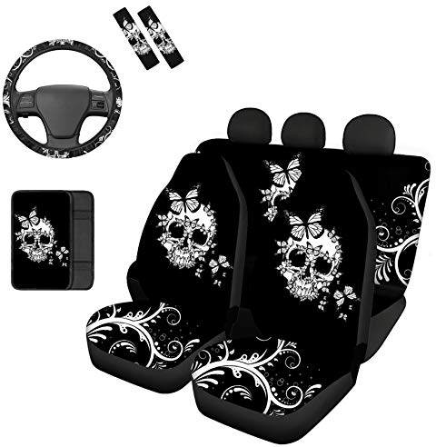 Belidome Autositzbezüge mit Totenkopf-Blumenmuster für vorne und hinten, für Damen und Herren, Sicherheitsgurt/Lenkrad/Armlehnenschoner, weich, universell