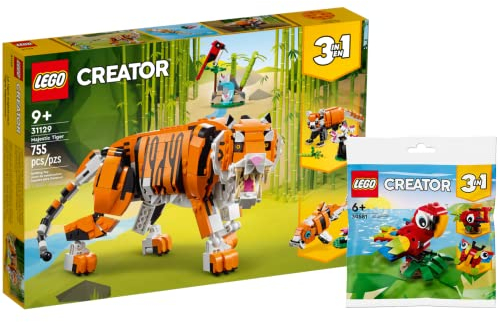Lego Creator 3-in-1 Set: Majestätischer Tiger 31129 + Tropischer Papagei 30581(Polybag), für Kinder ab 9 Jahren