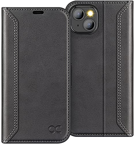 OCASE Retro Hülle für iPhone 14 5G Handyhülle Tasche PU Leder Brieftasche Etui RFID Schutzhülle Lederhülle Klapphülle Kompatibel für iPhone 14 Zwei-Loch-Kamera (6,1 Zoll) Graphit