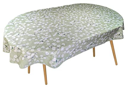 Karina Home Oval Wipe Clean Tablecloth Honesty Floral Leaves Sage Green Vinyl PVC Oval 200cm x 140cm