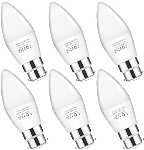 Flaspar Bayonet Light Bulbs 60W Equivalent, 7W B22 Candle LED Bulbs Bayonet 3000K Warm White, 600LM, B22 LED Bulb for Chandeliers, Wall Lamps, Ceiling Fixtures, 6 Pack