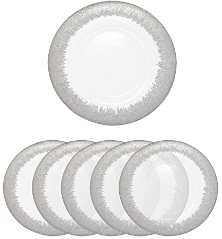Trimming Shop 33cm Glass Charger Plates with Silver Rim - Elegant Silver Trim Charger Plate for Banquets, Weddings, Parties & Dining Event Decorations - Decorative Pack of 6