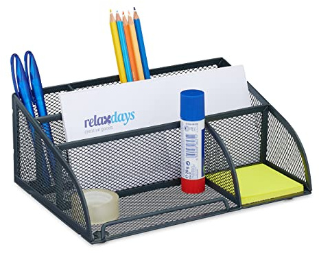 Relaxdays Desk Organiser, 5 Compartments, Mesh Design, H x W x D: 10.5 x 25.5 x 17, Metal, Grey, Steel, 10.5 x 25.5 x 17 cm