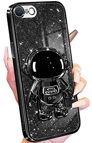 Buleens for iPhone SE 2022/ SE 2020/8/7 Case Astronaut, Clear Cases with Glitter Paper & Spaceman Stand, Women Girls Cute Electroplated Sparkly Space Phone Cover for SE 2022/ SE 2020/8/7 Black