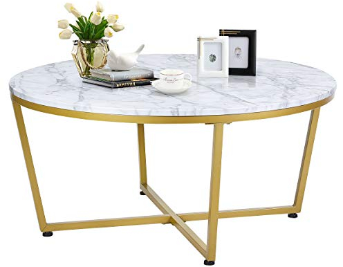 COSTWAY Couchtisch Marmor Optik, Sofatisch Gold, Modern Kaffeetisch, Wohnzimmertisch rund, 90 x 90 x 42 cm