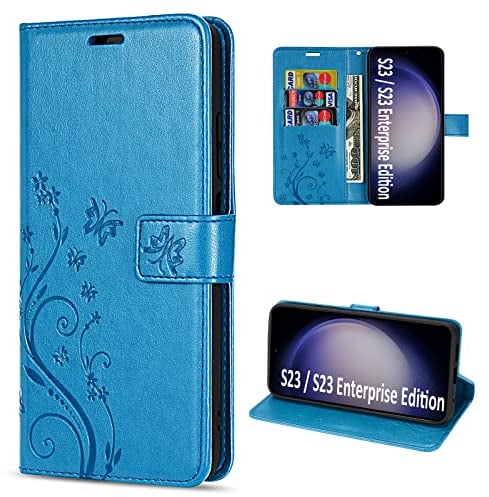 Hülle Kompatibel mit Samsung Galaxy S23 | Premium PU Leder Handyhülle Wallet Case für Galaxy S23 | Schutzhülle Blumen Klapphülle Handyhülle | Blau