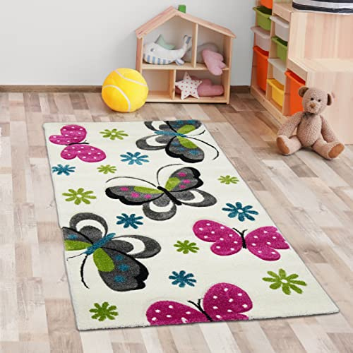 CARPETIA Farbenfroher Schmetterling-Teppich für Kinderzimmer ‒ Allergiker geeignet ‒ Creme, 80 x 150 cm
