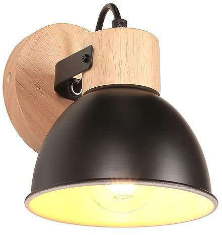 iDEGU Wandleuchte Innen Vintage Wandlampe aus Holz und Eisen Industrie Design Lampe Retro Wandstrahler Verstellbare Deckenleuchte Wandspot Wohnzimmer Schlafzimmer Küche (Schwarz, weißes Interieur)