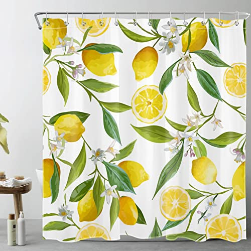 LB Gelbe Zitrone Duschvorhang 180x180cm Weiße Blume Grünes Blatt Antischimmel Wasserdicht Badezimmer Vorhänge, Frischobst Polyester Stoff Bad Vorhang mit Haken