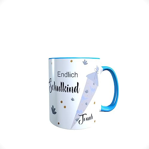 minimutz Tasse Kinder Einschulung Schulkind mit Name | Personalisierter Trinkbecher Stiftehalter Keramik Mädchen Jungen Schulanfang 1. Klasse Dino-saurier (hellblau)