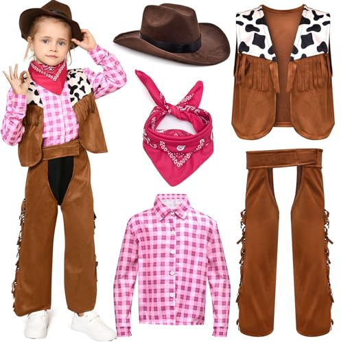 Tacobear Cowboy Costume Bambino Vestito Cowboy Bambino con Cappello Cowboy Bandana Gilet Cowgirl per Festa Halloween Natale Carnevale Cowboy Accessori per Bambini Ragazze 3-12 Anni