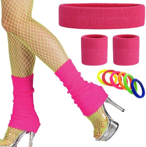 KEPKKU Damen 80er Jahre Outfit, 80er Jahre Accessoires Set (Stirnband Armband Beinwärmer & Haargummis), Schweißband Set Rosa für Karneval und Mottoparty