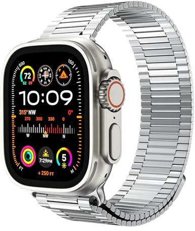 LULULOOK Correa de acero inoxidable compatible con Apple Watch Ultra 49/44/45/42/41/40/38 mm para hombre y mujer, correa de repuesto magnética de metal para iWatch Ultra 2 Serie 9 8, plata