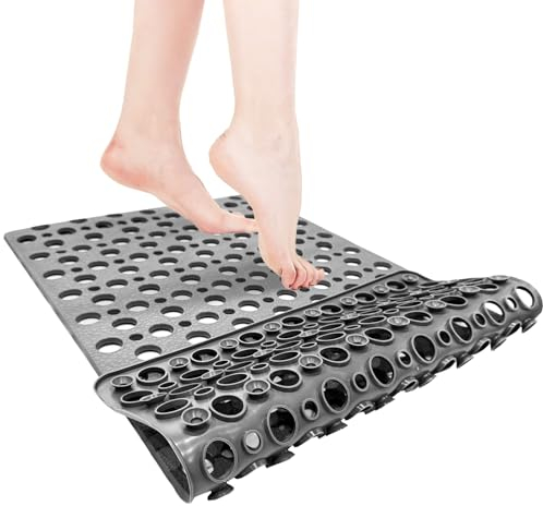 Carreuty TPE Non Slip Anti Mould Shower Mat, 70x38cm, Grey, Rectangular, Machine Washable