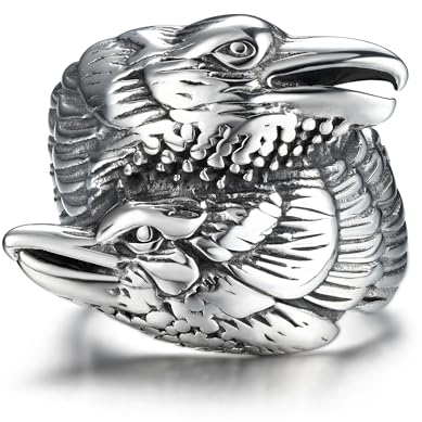 GTHIC Edelstahl Wikinger Doppelrabenkopf Ring für Männer Frauen Retro Punk Odins Krähen Amulett Tier Ringe Schmuck, Größe 12
