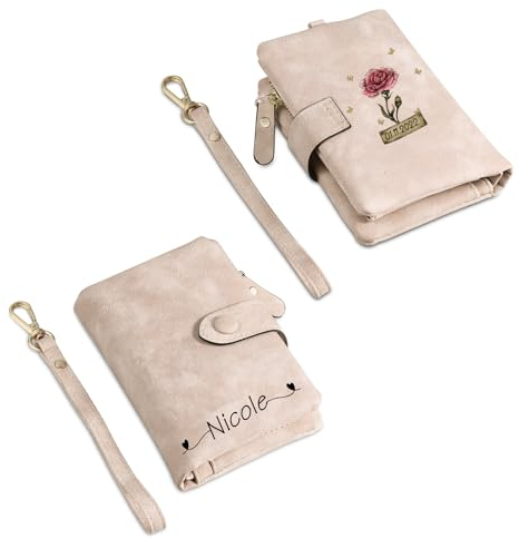 Glimmerday Personalisierte Geldbörse für Frauen, personalisierte Geburtsblumen-Geldbörse aus Leder, Bifold-Geldbörse, Kreditkartenetui für Frauen, Muttertagsgeschenk (Rosa)