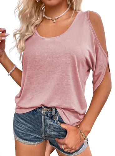 Fisoew - Maglietta da donna con scollo rotondo, con spalle scoperte, maglietta estiva a maniche corte, casual., Colore: rosa., S