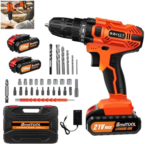 Akku-Bohrmaschine 21V Akkuschrauber Set mit 1.5 Ah Akku, Akku Bohrschrauber Set 25+1 Drehmomentstufen, 45Nm Drehmoment, 2-Gang, LED-Licht, Schlagbohrschrauber mit 26tlg Zubehör für Haus DIY Projekte