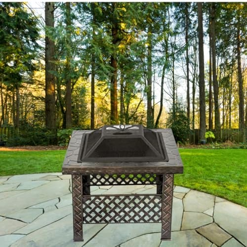 Garden Mile Grande braciere quadrato per giardino, 2 in 1, nero, resistente al calore, braciere da patio, barbecue con copertura antipioggia, per barbecue e campeggio