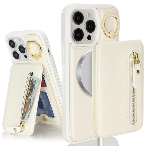 SailorTech iPhone 14 Pro Max Case with Card Holder, Ring Stand Kickstand Wallet - White