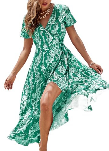 CUPSHE Women Summer Wrap Maxi Dress Casual Split Flared Sleeve V-Neck Ditsy Dress Tie Waist Ruffle Beach Dress Green Floral L
