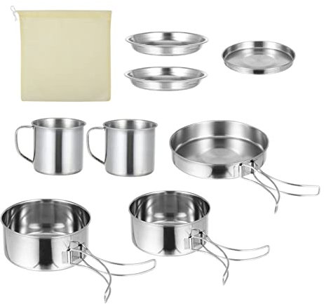 KOMBIUDA Edelstahl Camping Kochgeschirr 8 Stück Mehrschichtboden Flick Topf Pfanne Outdoor Kochgeschirr Für 5-6 Personen Rucksackreisen Grillen Camp Küche