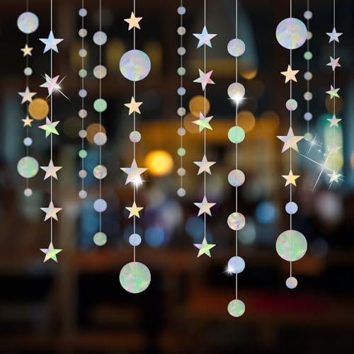 MOLENCO 39 Ft Hängende Papiertaschentisch Girlande - Holographisch Regenbogen und Stern Deko, Bunt Glitzer Kreis Dots Girlande für Geburtstag, Hochzeit, Weihnachten Party Deko (4M x 3)