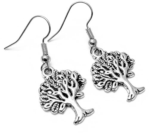 Tree of Life Charm Earrings, Spiritual Symbol Tibetan Silver Charms on Nickel Free Silver Tone Hooks : 38mm long, Wiccan Pagan Gift for Women, Tree Symbol Drop Earrings