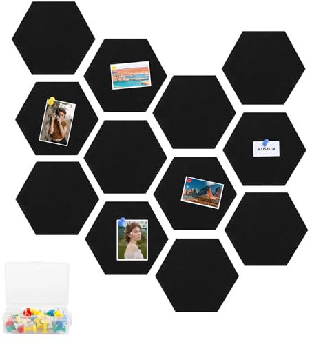 YAYODS 12 Stück Filz Pinnwand Selbstklebend - 30 x 26 cm Pinboard Groß mit 70 Pinnnadeln - Hexagon-Memoboard Schwarz - Filzn Pinwand zum Selbergestalten für Bilder, Küche, Büro, Schule