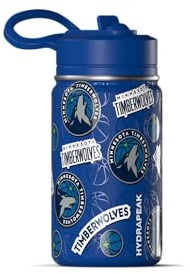 Hydrapeak NBA Minnesota Timberwolves Mini-Wasserflasche für Kinder, Edelstahl, mit Strohhalm-Deckel und flexiblem Griff, doppelwandig, isoliert, auslaufsicher, 400 ml