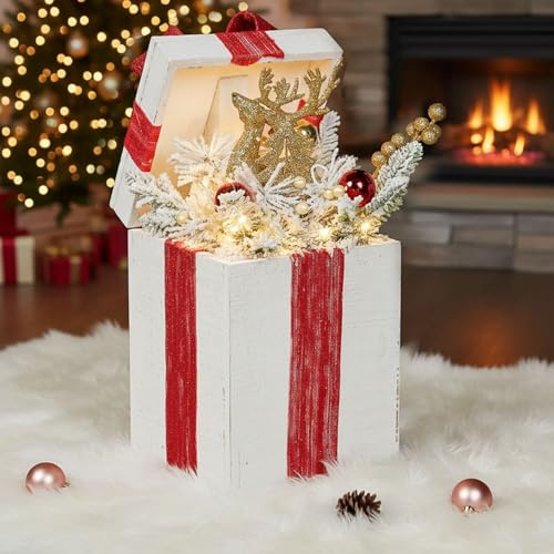 Taylor & Brown Light Up White Wooden Gift Box Christmas Decoration Parcel Indoor Xmas Decorations for Tree with Battery Operated 20 Warm White LED Lights, with Red Ribbon