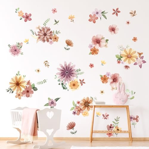 Decvictor Wandtattoo Retro Boho Wildblume Wandsticker Vintage Garten Blumen DIY Wandaufkleber Wohnzimmer Schlafzimmer Gang Büro Sofa Hintergrund Wanddeko