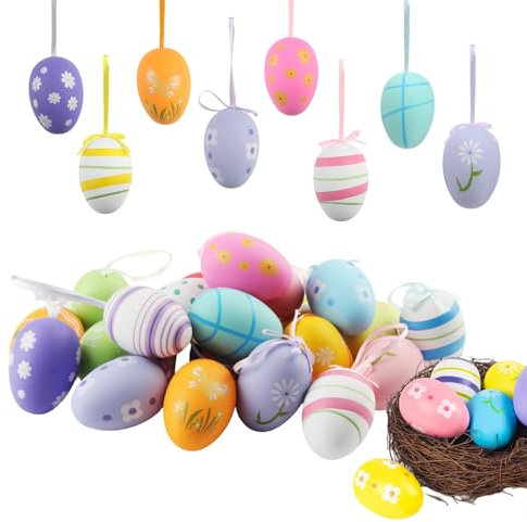 Xbessc 24 Stück Ostereier zum Aufhängen Bunte Ostereier Plastik für Draußen und Innen Plastikeier zum Aufhängen Kunststoff Osterdeko für Osterstrauchdeko Schule Zuhause Büro Partyzubehör 6 x 4 cm