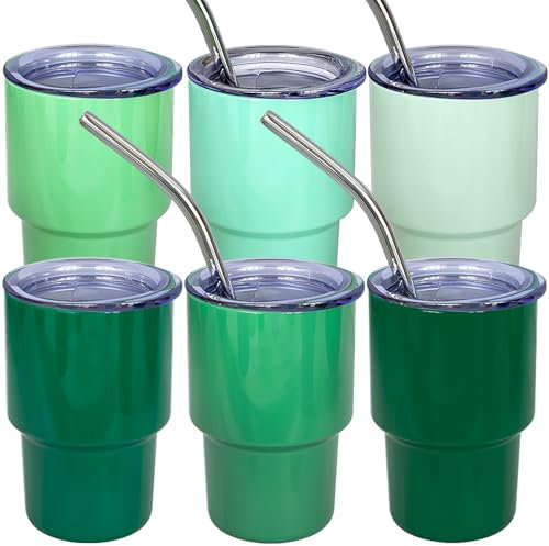 UIRZOTN 3oz Mini Tumbler Shot Glass with Straw and Lid, 6 Pack Green Tumbler Set Stainless Steel Sublimation Shot Glasses for Wedding Party Whiskey Cocktail Bar with Straw and Lid