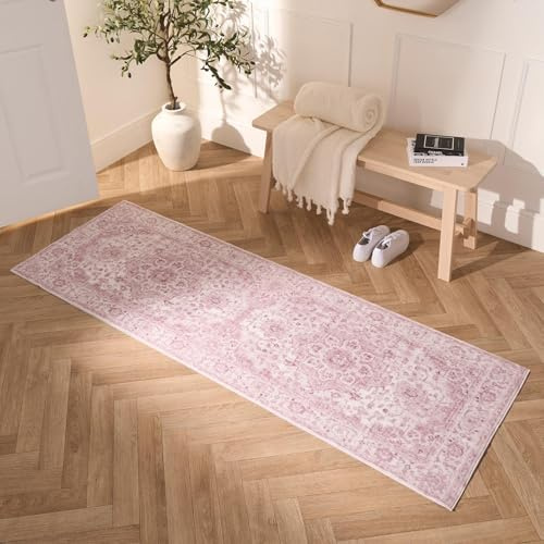 OHS Rug Runners for Hallways, Vintage Printed Soft Durable Decorative Material Vintage Stylish Washable Runner Rug Hallways, Kitchens & Living Rooms - Blush Pink 66 x 200cm