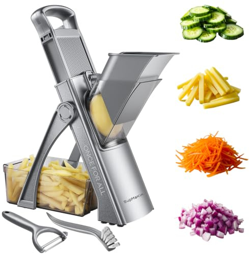 SupMakin Gemüseschneider, Once for All Verstellbar Gemüsehobel Genius Mandoline Vegetable Slicer Kartoffelschneider Zwiebelschneider (Dunkelgrau)
