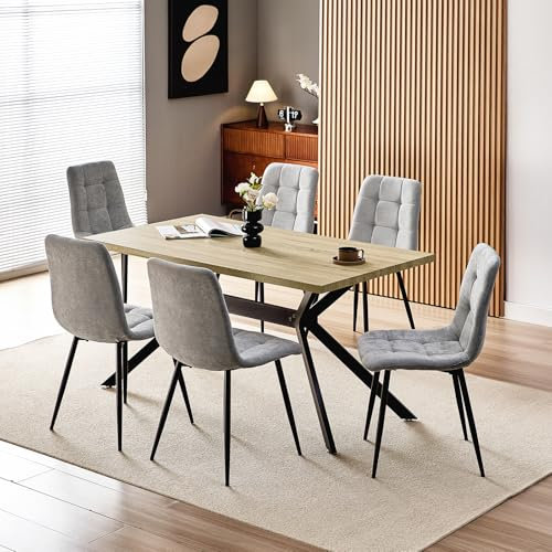 WAFTING Essgruppe Esstisch mit 6 Stühlen, 140×80×73cm HDF Esstisch mit Helle Holzmaserung, und Gepolsterte Grau Esszimmerstühle mit hoher Rückenlehne und Leinendesign, für Küche Esszimmer, Wohnzimmer