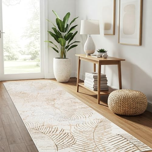 TAPISO Crystal Teppichläufer Kurzflor Glänzend Beige Gold Creme Braun Weiß Palmen Exotische Blätter 3D Effekt Abstraktes Muster Wohnzimmer Schlafzimmer Modern Design ÖKO-TEX 120 x 300 cm