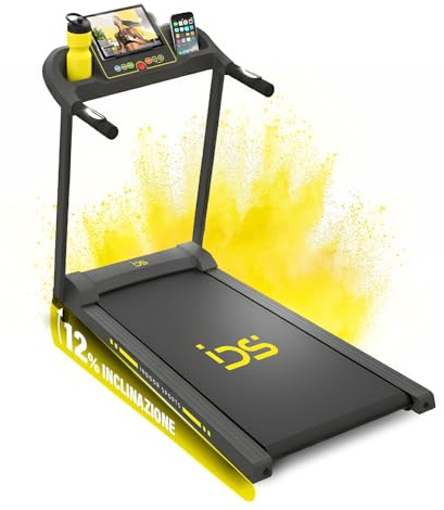 IDS Tapis Roulant Elettrico Salvaspazio, Marchio ITALIANO, 12 km/h, INCLINAZIONE, Compatto, Pieghevole, Display, Supporto Tablet, Telaio Rinforzato, Garanzia e Assistenza ITALIA Indoor Sports